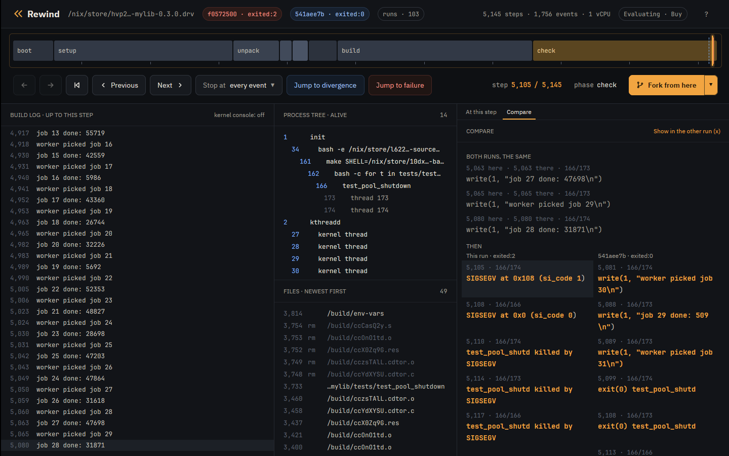 The app's Compare tab: the writes both runs made before they part, then the failing run's SIGSEGV beside the passing run's write, each run's text in full with what differs in amber