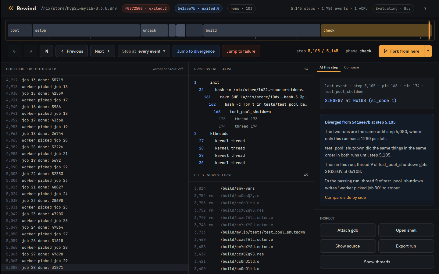 The app at the step where the failing run leaves the passing one, with the divergence card naming both threads' writes