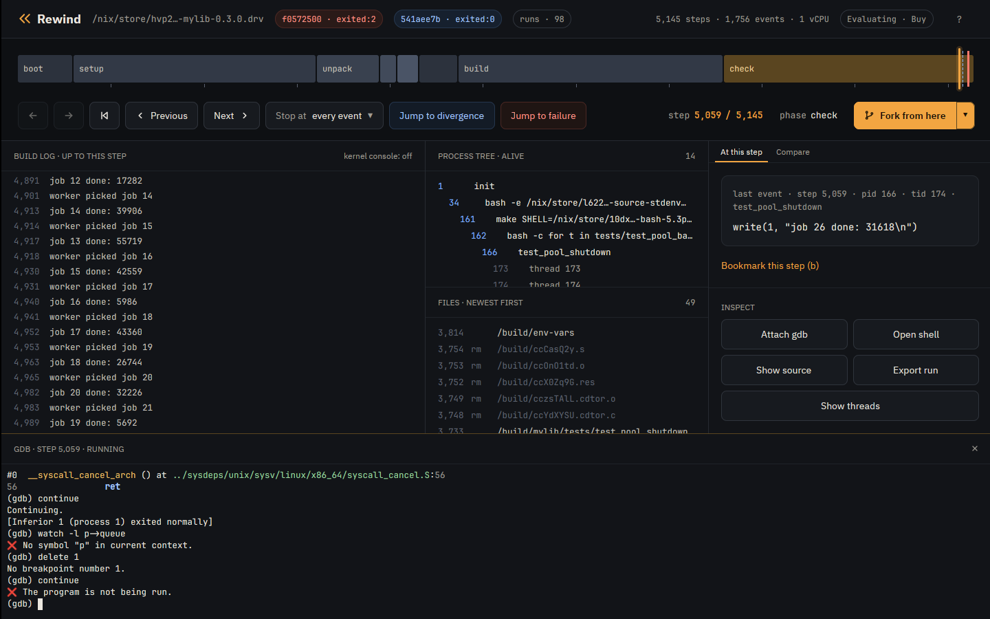 The app's gdb pane stopped at the watchpoint in pool_shutdown, with the old and new values of p->queue