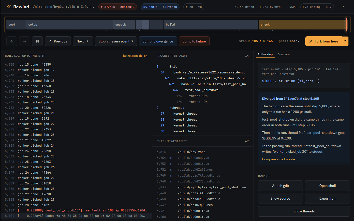 The app's build log with the kernel console on, showing the segfault report under the test's output