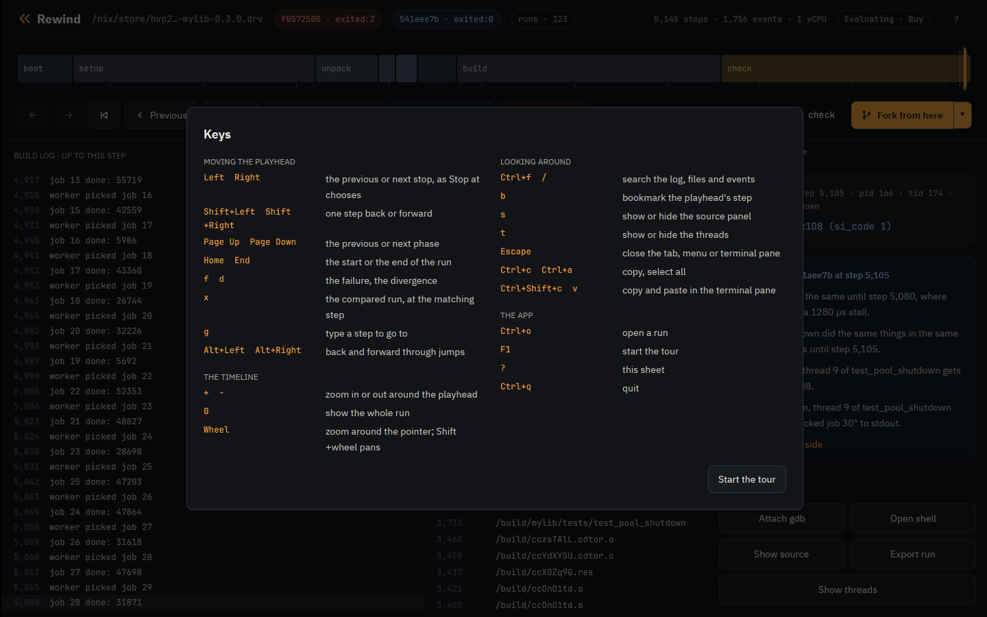 The app's sheet of keys: moving the playhead, the timeline, looking around, and the app