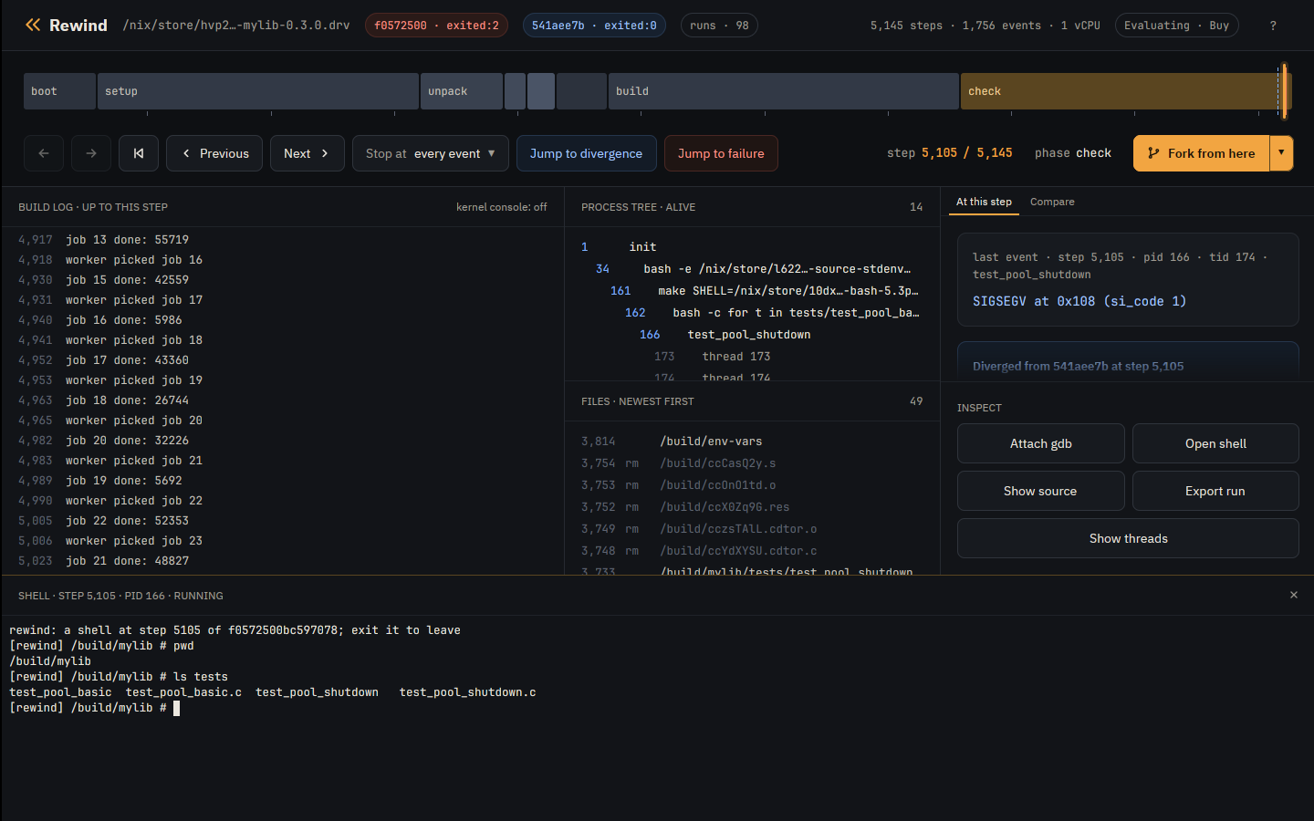 The app's shell pane at step 5105 of the failing run, in /build/mylib, after pwd and ls tests